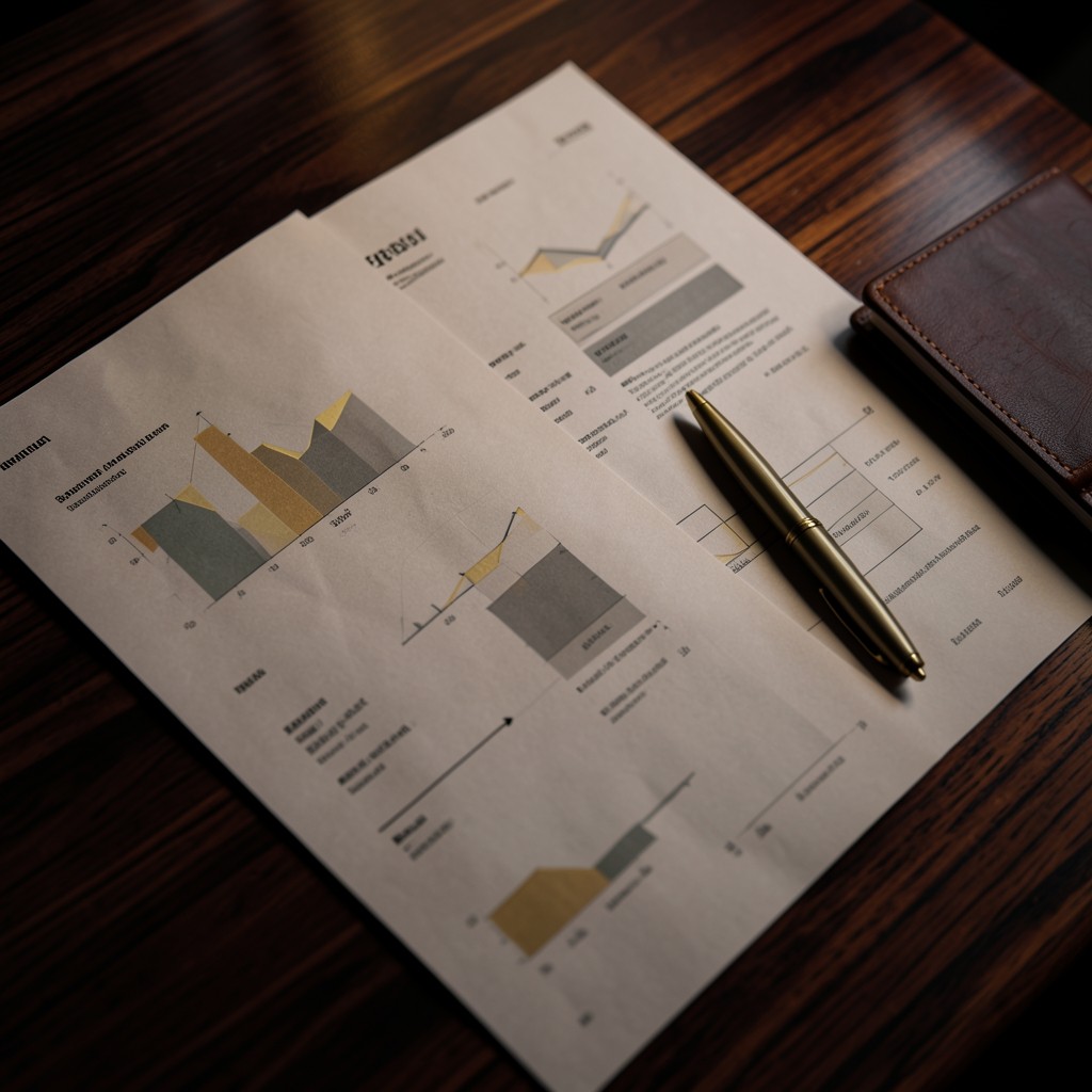 Printed restaurant group reporting pages beside a manager notebook on a dark wood desk